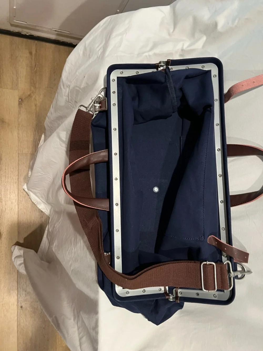 Line & Trade Navy Canvas Duffel with Brown Leather Trim Shoulder Strap Handles